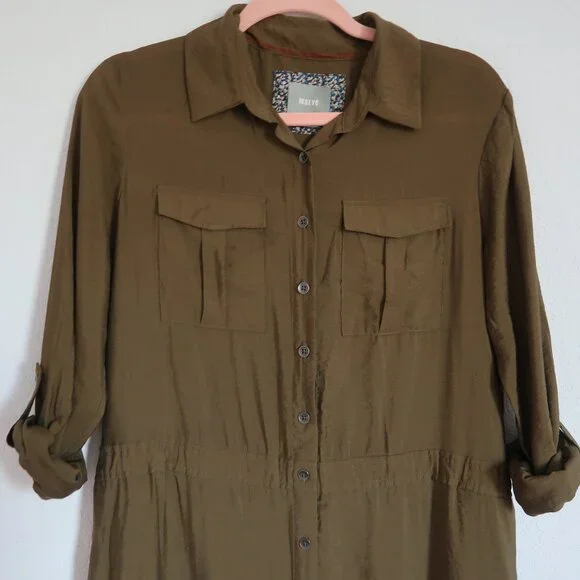 Anthropologie Maeve Olive Army Green Midi Drawstring Shirt Dress Size 4 Small - Picture 4 of 14